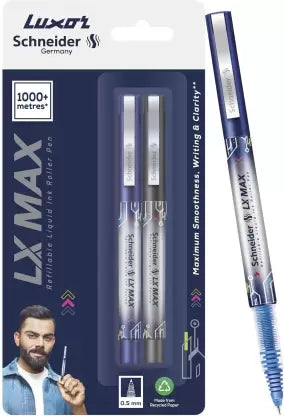 Luxor Schneider LX MAX | Cone Tip | 0.5 mm | 1000+ Meters Writing Length | German Technology Roller Ball Pen (Pack of 2, Ink Color - Multicolor)