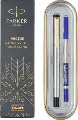 PARKER Vector Stainless Steel, Gold Trim Roller Ball Pen (Ink Color - Blue)
