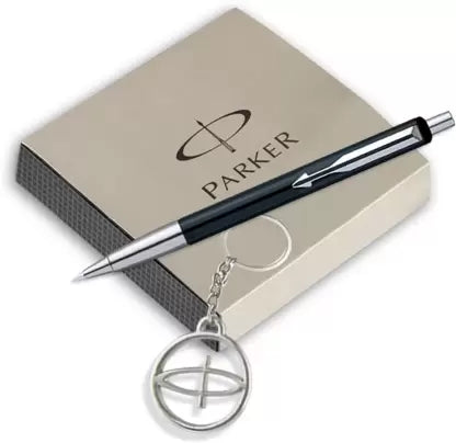 PARKER Vector Standard Chrome Trim Ball Pen With Keychain Pen Gift Set (Ink Color - Blue)