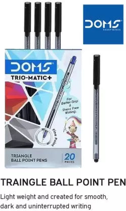 DOMS Trio Matic +Fine Point Triangle Ball Pen (Pack of 20, Ink Color - Black)