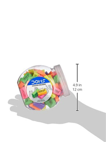 Doms Color Erasers Jar Pack | for Clean & Clear Erasing | Dust Free, Non-Toxic & Safe for Kids | Lesser Flakes & Non Messy | Vibrant Body Colors | Pack of 100 Erasers