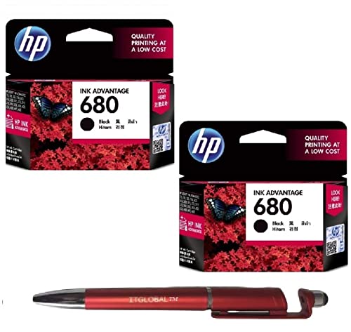 HP 680 Ink Cartridge (Black) Twin (Set of 2) with 3in1 Multi-Function Mobile Phone Stand, Stylus Pen, Anti-Metal Texture Rotating Ballpoint Pen (Very Colors)