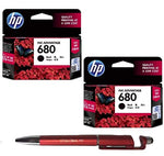 HP 680 Ink Cartridge (Black) Twin (Set of 2) with 3in1 Multi-Function Mobile Phone Stand, Stylus Pen, Anti-Metal Texture Rotating Ballpoint Pen (Very Colors)