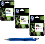 HP 920XL C/M/Y Ink Cartridge (Set of 3) with 3in1 Multi-Function Mobile Phone Stand Stylus Pen Anti-Metal Texture Rotating Ballpoint Pen (Very Colors)