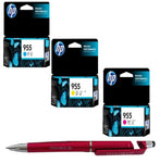HP 955 C/M/Y Ink Cartridge (Set of 3) with 3in1 Multi-Function Mobile Phone Stand, Stylus Pen, Anti-Metal Texture Rotating Ballpoint Pen (Very Colors)