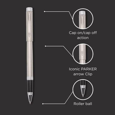 Parker Folio Stainless Steel Chrome Trim Roller Ball Pen|Ink Color : Blue | Perfect For Corporate Gifting | Elite Pen For Professionals