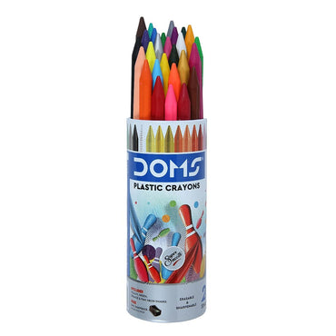 Doms 28 Shades Erasable Plastic Crayons Round Tin Box | Smooth & Even Shading | Bright & Playful Colors | Free Sharpner Inside | Non-Toxic & Safe For Childrens | Pack of 1