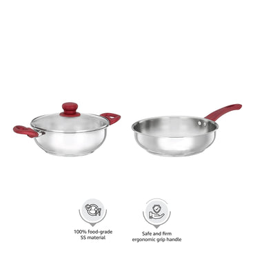 Solimo Stainless Steel Heavy Bottom 2 Piece Cookware Set |Three Layer Impact Forged Bottom for Durability | Premium Look with Soft Touch Handles and Knob, 22 Cm, 2700 Milliliter