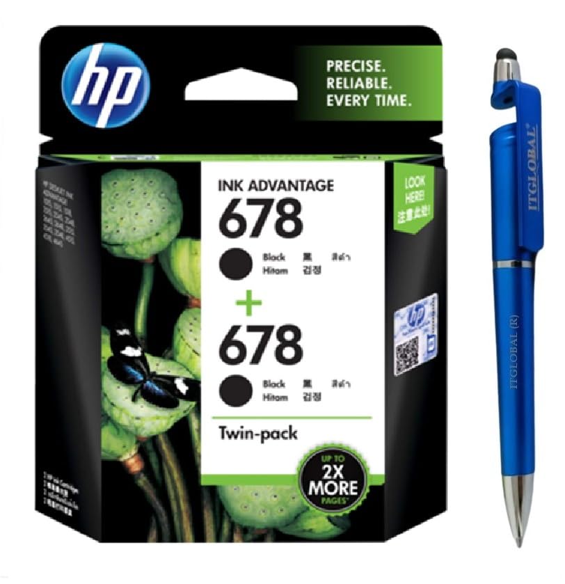 HP 678 Combo Black & Black Ink Cartridge Bundle with 3 in 1 Multi-Function Creative Mobile Phone Stand, Stylus Pen, Ballpoint Pen (Very Colors)