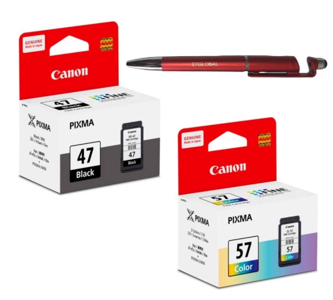 Canon PG 47 & CL 57 Ink Cartridge E400 E410 E417 E460 E470 E477 E480 E3170 E3177 E4270 with ITGLOBAL 3in1 Multi-Function Mobile Phone Stand, Stylus, Ballpoint Pen (Very Colors)