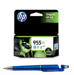 HP 955XL Cyan Ink Cartridge L0S63AA L0S63C Bundle with 3 in 1 Multi-Function Creative Mobile Phone Stand, Stylus Pen, Ballpoint Pen (Very Colors)