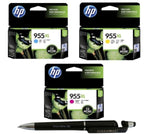 HP 955XL C/M/Y Ink Cartridge (Set of 3) with 3in1 Multi-Function Mobile Phone Stand Stylus Pen Anti-Metal Texture Rotating Ballpoint Pen (Very Colors)