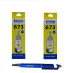 Epson T6734 Yellow (Set of 2) Ink Bottles with 3in1 Multi-Function Mobile Phone Stand, Stylus Pen, Anti-Metal Texture Rotating Ballpoint Pen (Very Colors) T-6734