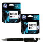 HP 803 Small Ink Cartridge (Black) Twin (Set of 2) with 3in1 Multi-Function Mobile Phone Stand, Stylus Pen, Anti-Metal Texture Rotating Ballpoint Pen (Very Colors)