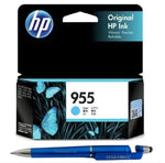 HP 955 Cyan Ink Cartridge L0S51AA L0S51C Bundle with  3 in 1 Multi-Function Creative Mobile Phone Stand, Stylus Pen, Ballpoint Pen (Very Colors)
