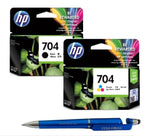 HP 704 Ink Cartridge (Black & Colour) (Set of 2) with 3in1 Multi-Function Mobile Phone Stand, Stylus Pen, Anti-Metal Texture Rotating Ballpoint Pen (Very Colors)