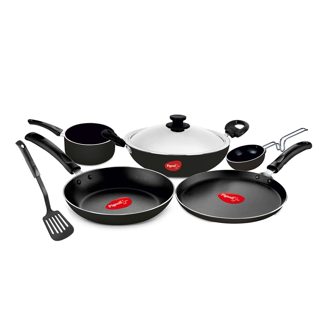 Pigeon Favourite 7 Piece Gift Set Non-Stick Coated Comes with Fry Pan, Kadhai, Lid, Sauce Pan, Spatula, Tadka Pan and a Tawa - Gas Stove Compatible (Black)