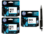 HP 805 Ink Cartridge (Black Twin & Colour) (Set of 3) with 3in1 Multi-Function Mobile Phone Stand, Stylus Pen, Anti-Metal Texture Rotating Ballpoint Pen (Very Colors)