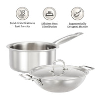 Solimo Triply Stainless Steel 3 Piece Cookware Set(Kadhai/Wok with Lid-24 Cm,Fry Pan-24 Cm&Tea/Milk Saucepan-16 Cm) Induction and Gas Stove Compatible|Dishwasher Safe,Silver