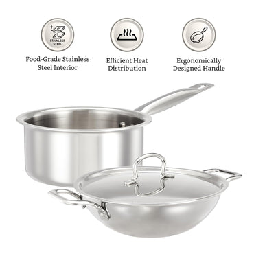 Solimo Triply Stainless Steel 3 Piece Cookware Set(Kadhai/Wok with Lid-24 Cm,Fry Pan-24 Cm&Tea/Milk Saucepan-16 Cm) Induction and Gas Stove Compatible|Dishwasher Safe,Silver