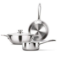 MILTON Pro cook Triply Induction Base Cookware Set Of 3 Stainless Steel |Sauce Pan 14 Cm, Fry 24 Kadhai Cm With Glass Lid Silver | Dishwasher Safe Food Flame