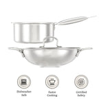 Solimo Triply Stainless Steel 3 Piece Cookware Set(Kadhai/Wok with Lid-24 Cm,Fry Pan-24 Cm&Tea/Milk Saucepan-16 Cm) Induction and Gas Stove Compatible|Dishwasher Safe,Silver