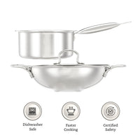 Solimo Triply Stainless Steel 3 Piece Cookware Set(Kadhai/Wok with Lid-24 Cm,Fry Pan-24 Cm&Tea/Milk Saucepan-16 Cm) Induction and Gas Stove Compatible|Dishwasher Safe,Silver