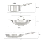 Solimo Triply Stainless Steel 3 Piece Cookware Set(Kadhai/Wok with Lid-24 Cm,Fry Pan-24 Cm&Tea/Milk Saucepan-16 Cm) Induction and Gas Stove Compatible|Dishwasher Safe,Silver