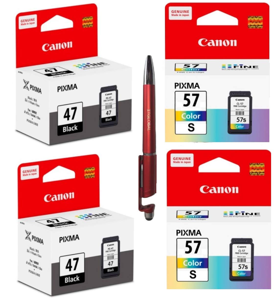 Canon PG 47 Twin & CL 57 Small Twin Ink Cartridge E400 E410 E417 E460 E470 E477 E480 E3170 E3177 E4270 with  3in1 Multi-Function Mobile Phone Stand, Stylus, Ballpoint Pen