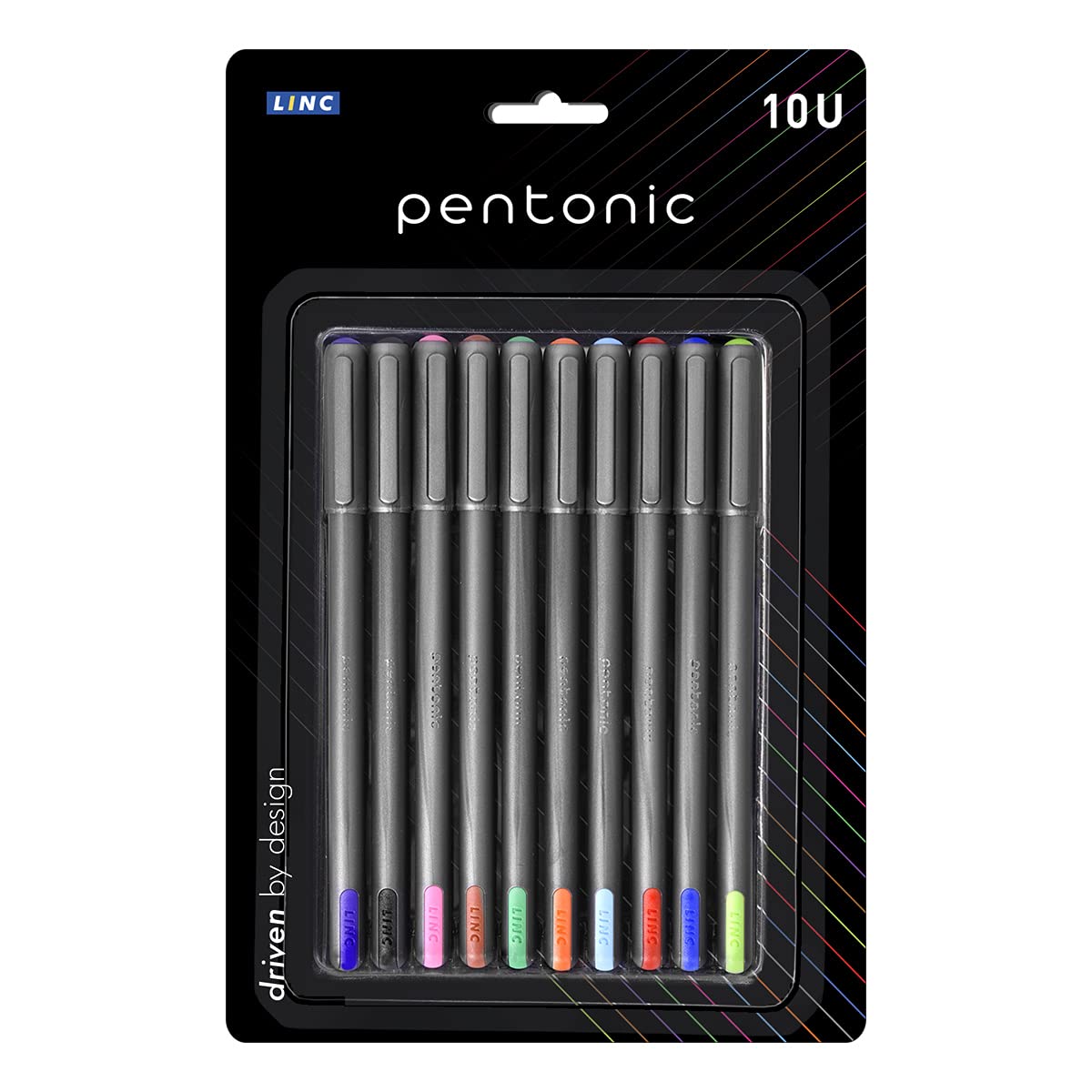 Pentonic 1.0mm Ball Pen Blister Pack | Grey Body | Pink,Green,Orange,Brown,Lime Green,Purple,Turquoise Blue,Blue,Grey,Red Ink | Set of 10 Pens