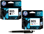 HP 805 Ink Cartridge (Black & Colour) (Set of 2) with 3in1 Multi-Function Mobile Phone Stand, Stylus Pen, Anti-Metal Texture Rotating Ballpoint Pen (Very Colors)