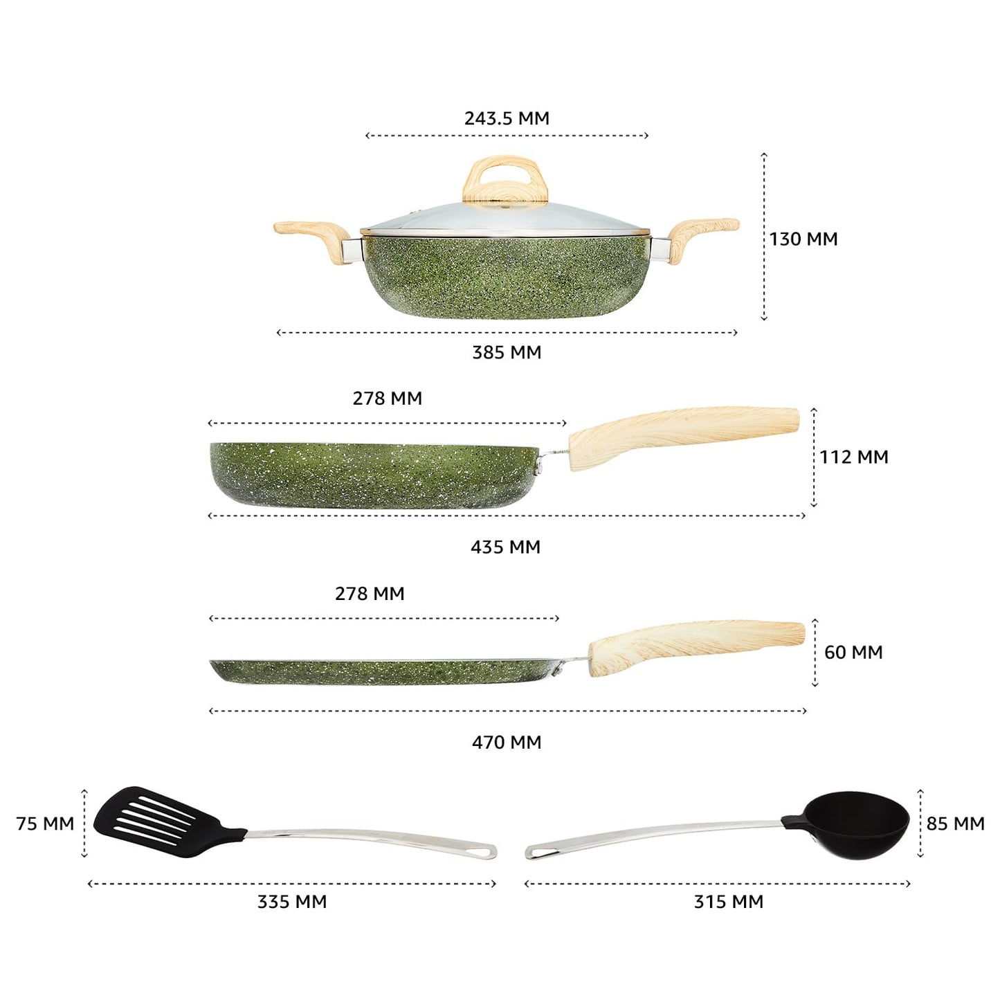 Granite Finish Non Stick 5 Pcs Induction Base Cookware Set- Granite Finish Olive Green (24cm Fry Pan, 24 cm Kadai, 28cm Tawa and 2 Nylon Spatulas)