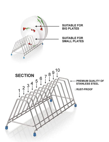 Yes Kitchen Stainless Steel Thali Rack,Dish Rack,Plate Stand,Dish Stand Lid Utensil 10 Section Plate Kitchen Dish Rack, 30 x 14 x 14 Centimeters