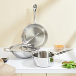 Solimo Triply Stainless Steel 3 Piece Cookware Set(Kadhai/Wok with Lid-24 Cm,Fry Pan-24 Cm&Tea/Milk Saucepan-16 Cm) Induction and Gas Stove Compatible|Dishwasher Safe,Silver
