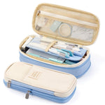 HASTHIP Canvas Large Capacity Pencil Case, Durable Storage Multiple Compartment Double Zipper Portable Capacity Pencil Pouch For College Student Teen, 22X11Cm (Light Blue)
