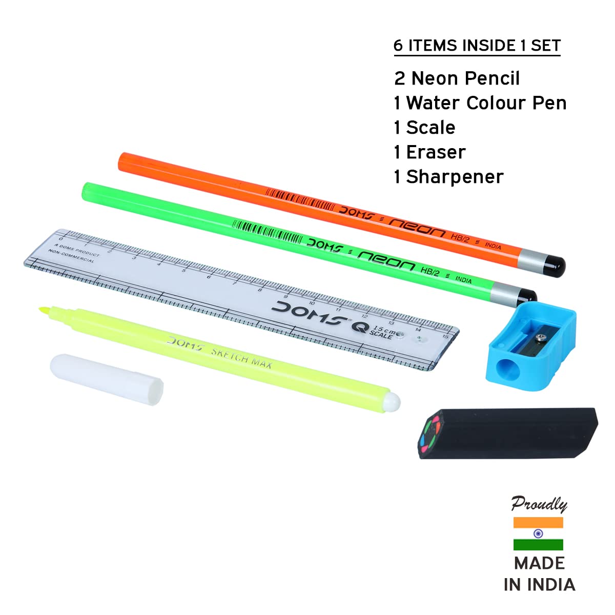 DOMS School Essentials Neon Prime Kit | Stationery Kit | 6 Assorted Items | Gifting Kit | Pack of 1 x 20 Set