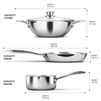MILTON Pro cook Triply Induction Base Cookware Set Of 3 Stainless Steel |Sauce Pan 14 Cm, Fry 24 Kadhai Cm With Glass Lid Silver | Dishwasher Safe Food Flame
