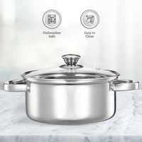 Solimo Set of 3 Stainless Steel Casseroles | Glass Lid | Flat Bottom | Dishwasher-Safe | 16 cm, 18 cm, 20 cm, 2.3 Liter, 3 Liter, 1.7 Liter