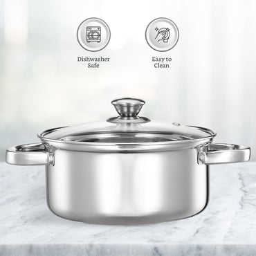 Solimo Set of 3 Stainless Steel Casseroles | Glass Lid | Flat Bottom | Dishwasher-Safe | 16 cm, 18 cm, 20 cm, 2.3 Liter, 3 Liter, 1.7 Liter