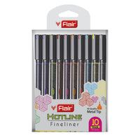 FLAIR Hotline Fineliner Metal Tip Pen | Tip Size 0.7 to 1 mm | Comfortable Grip | Fineliner Pens Set For Mandala, Sketching, Doodling, Journal and Outline | 10 Shades.|Multicolor