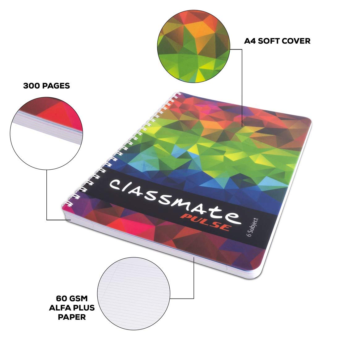 Classmate Pulse 6 Subject Spiral Notebook - Pack of 1 | Single Line | 300 Pages | A4 - 29.7cm x 21.0cm | Attractive Cover Designs | Soft Cover | Notebooks for College Students