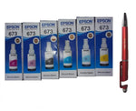 Epson 673 Ink Bottle B/C/Y/M/LC/LM (Set of 6) with  3in1 Multi-Function Mobile Phone Stand, Stylus Pen, Anti-Metal Texture Rotating Ballpoint Pen (Very Colors) T673 T 673