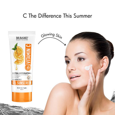 DR.RASHEL Vitamin C Sunscreen SPF 40 PA+++ Gel Ultra Hydrating Protects Your Skin From UV Rays With Matte Look Oil Control For Normal to Oily Skin Parabean Free – 100 ML