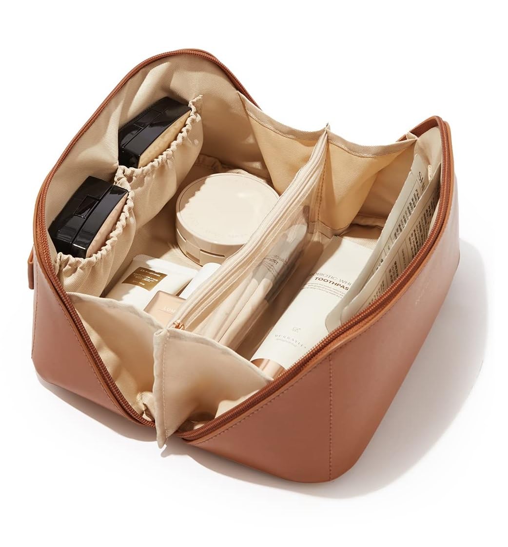 JRM Womens Large Capacity Cosmetic Bag Travel Bag Waterproof Leather Makeup Organizer With Wide Opening, Dividers With Handle (Cross Open, Brown), 12 Cm