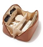 JRM Womens Large Capacity Cosmetic Bag Travel Bag Waterproof Leather Makeup Organizer With Wide Opening, Dividers With Handle (Cross Open, Brown), 12 Cm