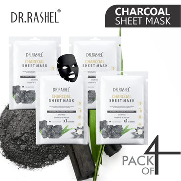 DR.RASHEL Charcoal Face Sheet Mask With Serum For Women and Men | All Skin Types | Soft and Healthy Skin | Deep Cleansing & Oil Control | Repairing & Nourishment | Soothing And Hydrating | Paraben Free | Pack Of 4 | 20 Grams Each