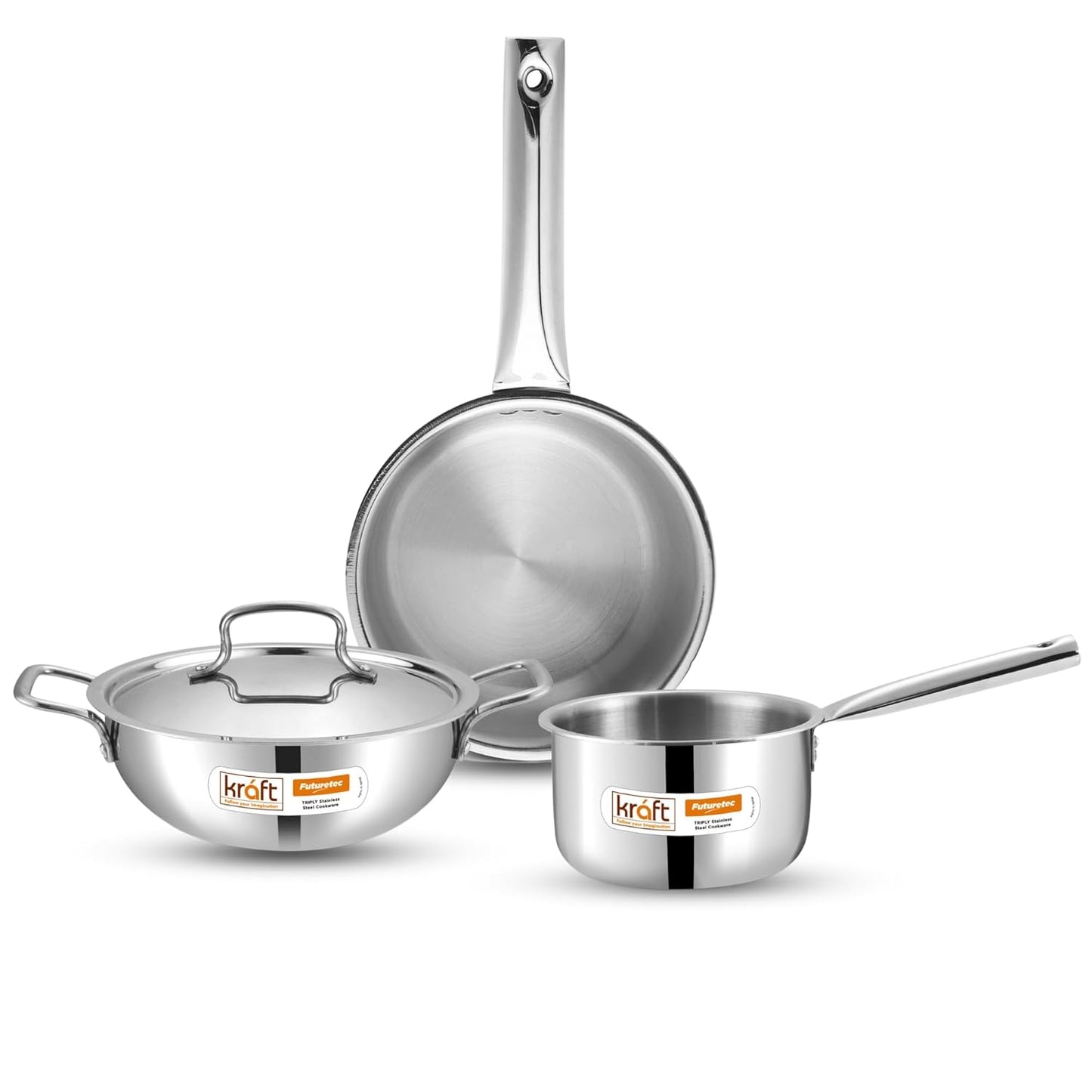 Kraft Futuretec Triply Stainless Steel Cookware Set | 4 Pc Triply Cookware Set | Kadai with Lid (22 cm, 3.2l), Frypan (22 cm), Saucepan (16 cm, 1.6L) | Gas, Induction, Oven Friendly | 5-Year Warranty
