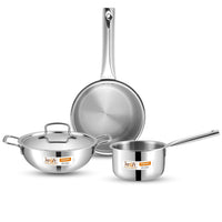 Kraft Futuretec Triply Stainless Steel Cookware Set | 4 Pc Triply Cookware Set | Kadai with Lid (22 cm, 3.2l), Frypan (22 cm), Saucepan (16 cm, 1.6L) | Gas, Induction, Oven Friendly | 5-Year Warranty