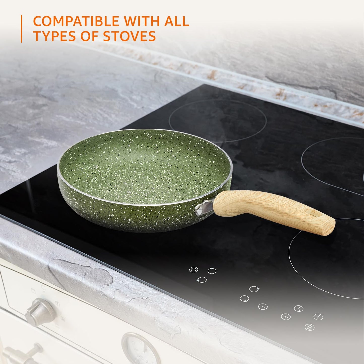 Granite Finish Non Stick 5 Pcs Induction Base Cookware Set- Granite Finish Olive Green (24cm Fry Pan, 24 cm Kadai, 28cm Tawa and 2 Nylon Spatulas)