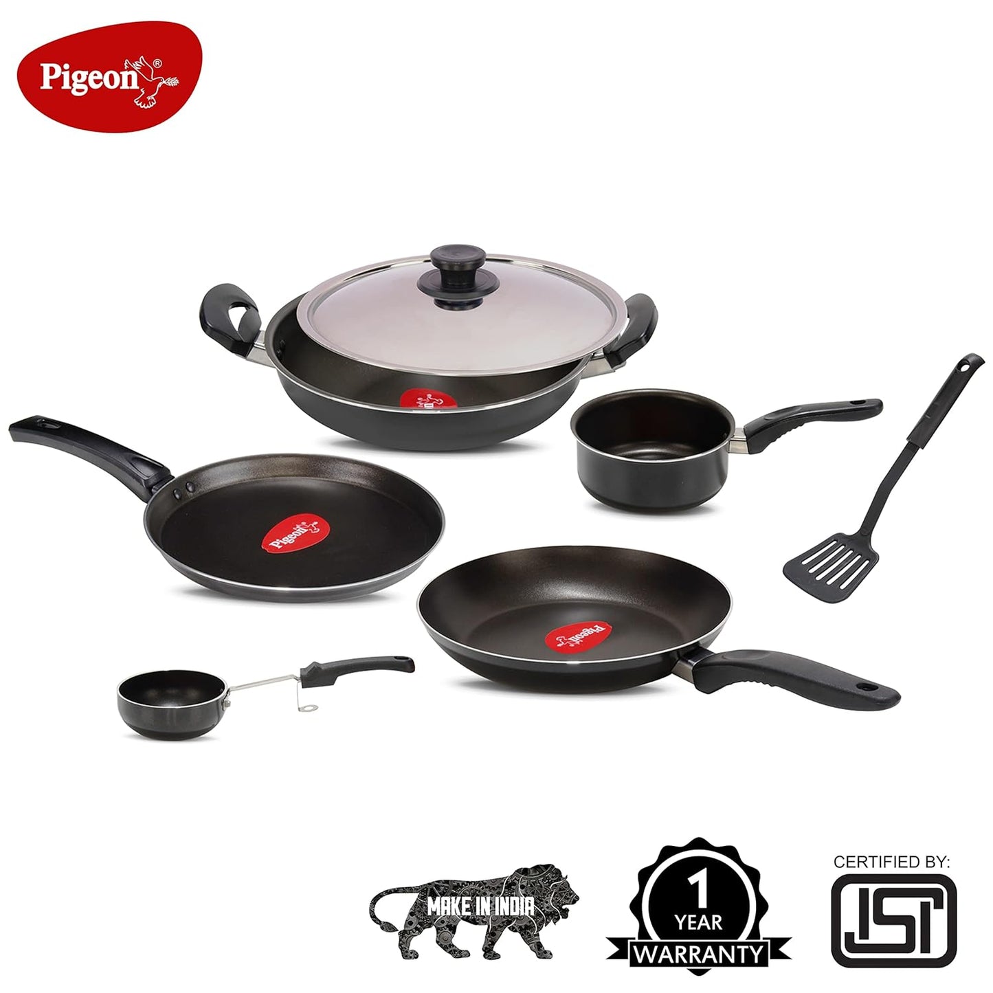 Pigeon Favourite 7 Piece Gift Set Non-Stick Coated Comes with Fry Pan, Kadhai, Lid, Sauce Pan, Spatula, Tadka Pan and a Tawa - Gas Stove Compatible (Black)